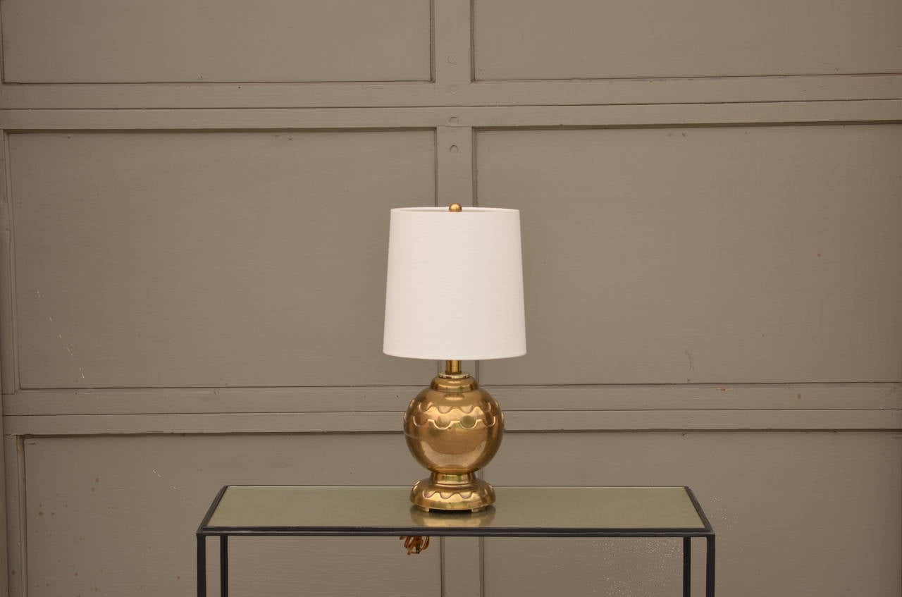 Pair of Round Brass Table Lamps with Custom Shades