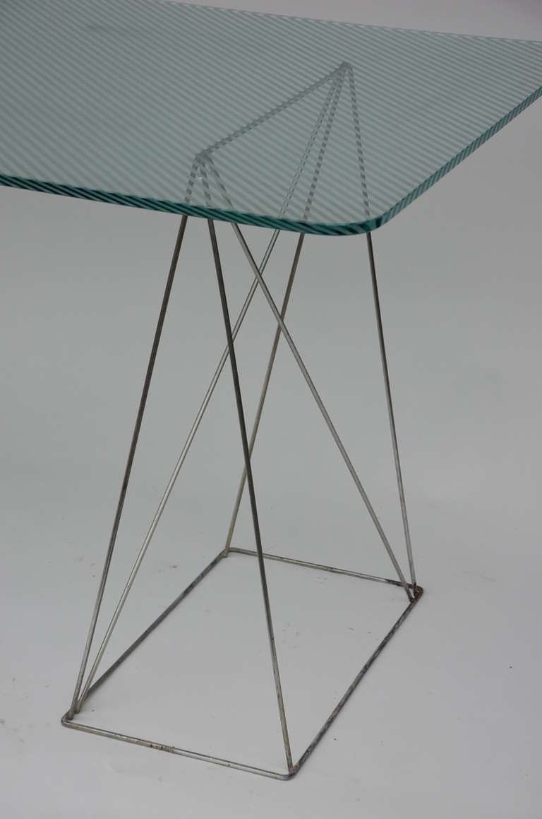 French Minimalist Steel And Glass Trestle Table For Sale