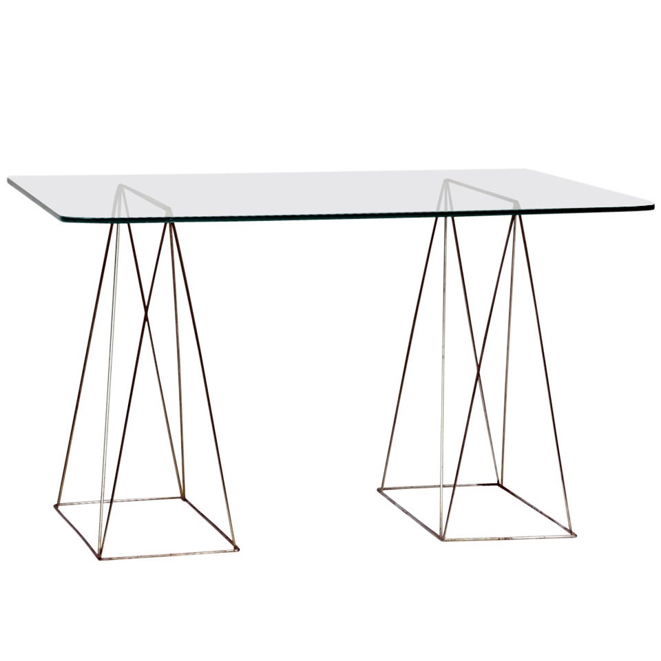 Minimalist Steel And Glass Trestle Table For Sale