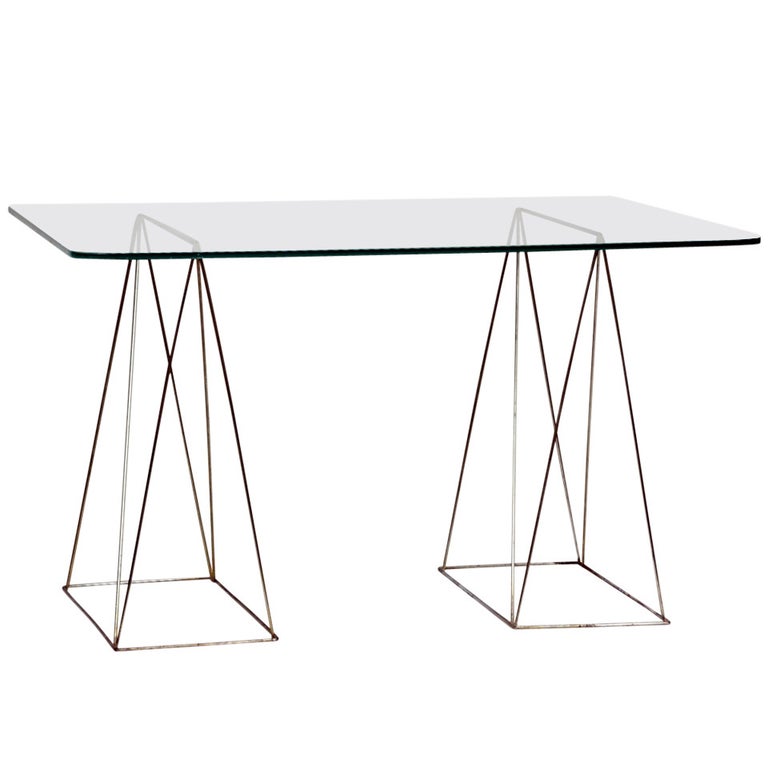 Minimalist Steel And Glass Trestle Table For Sale At 1stdibs