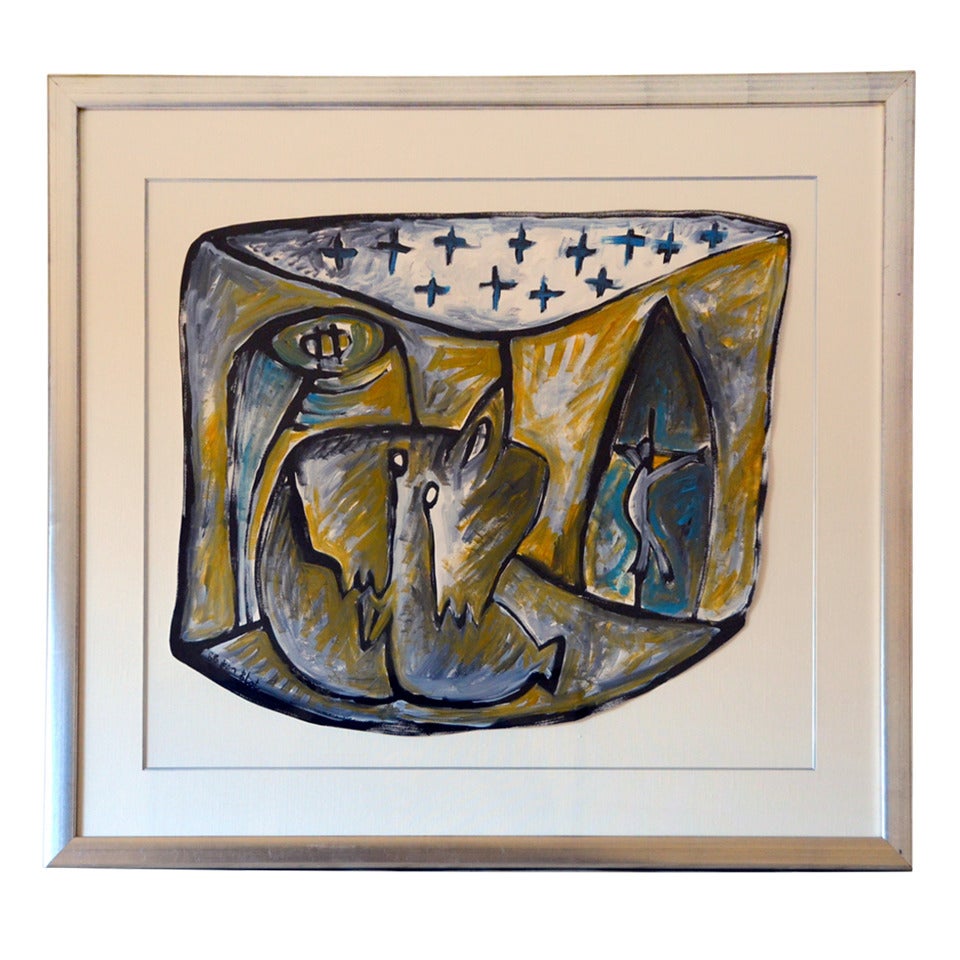 Framed gouache on paper drawing by Jean-Jacques Blot