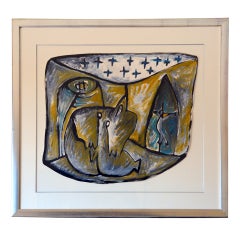 Vintage Framed gouache on paper drawing by Jean-Jacques Blot