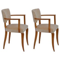 Pair of Slender French Art Deco Bridge Chairs in Cream Velvet
