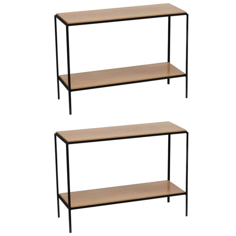 Pair of Chic Wrought Iron and Oak 'Rectiligne' End Tables by Design