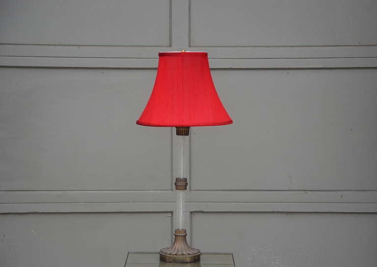 Pair of Asian Inspired Gilt Bronze and Glass Lamps With Red Pagoda Shades