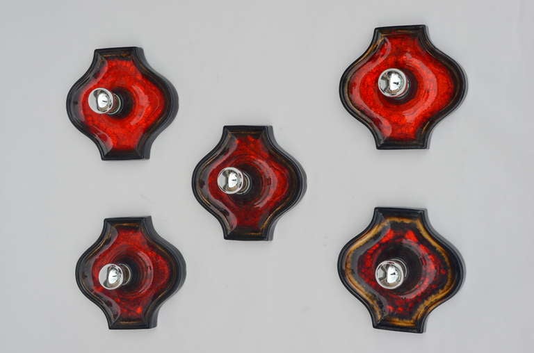 Unique Set Of 5 French 70's Glazed Ceramic Sconces