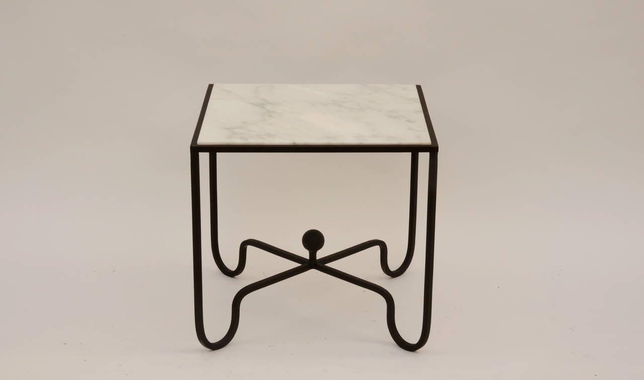 French Pair of White Marble and Wrought Iron Side Tables after Mathieu Matégot
