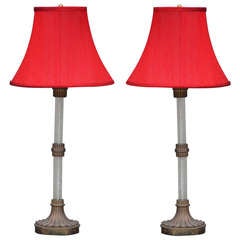 Pair of Asian Inspired Gilt Bronze and Glass Lamps With Red Pagoda Shades