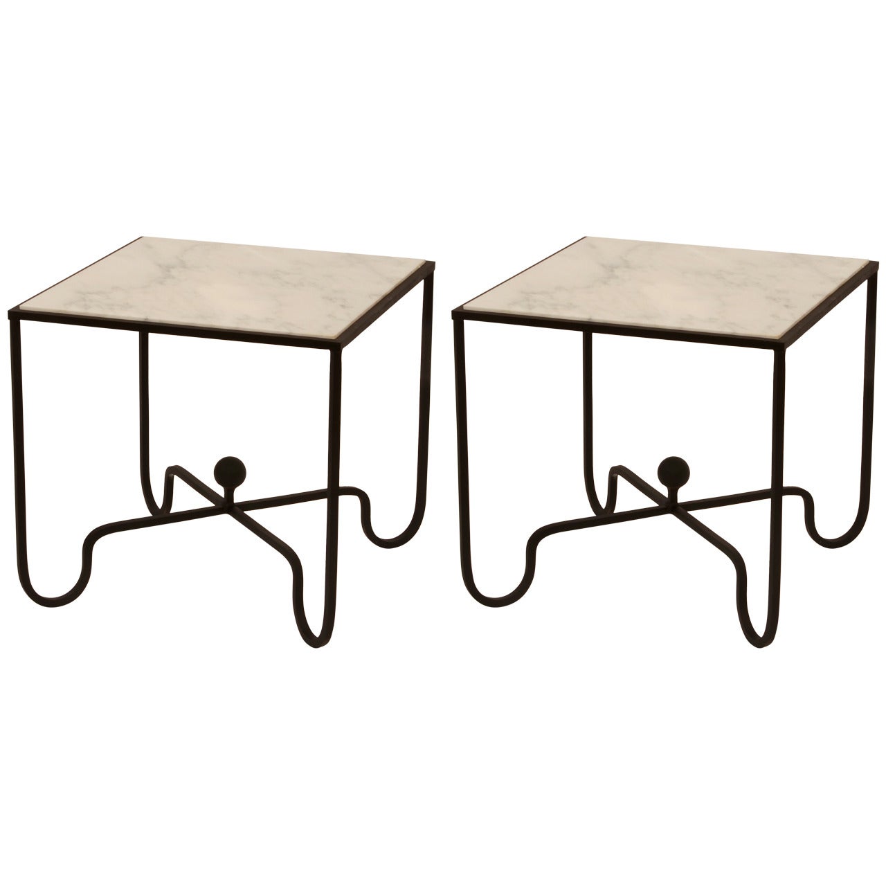 Pair of White Marble and Wrought Iron Side Tables after Mathieu Matégot