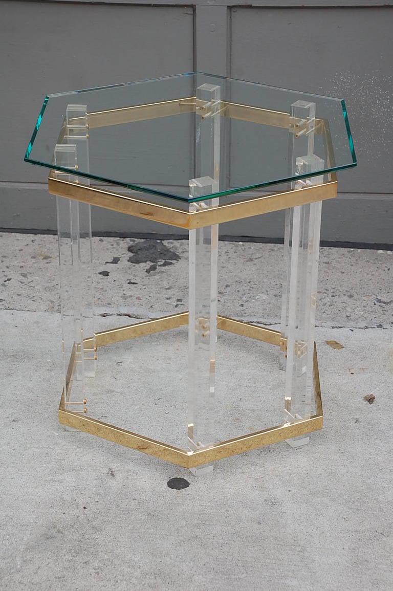 Lucite and Brass Hexagonal Side Table