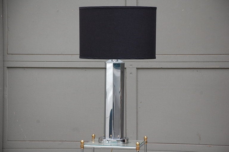 Pair of Chic Octagonal Chrome Lamps with Custom Black Shades