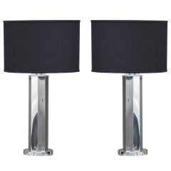 Pair of Chic Octagonal Chrome Lamps with Custom Black Shades