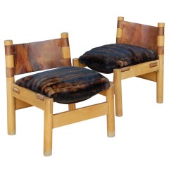 Pair of French Rustic Oak and Leather Low Chairs