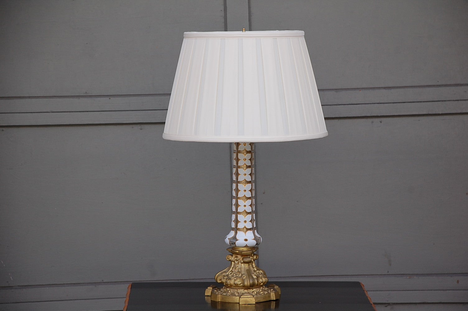 Chic Gilt Bronze and Glass Table Lamp with Custom Pleated Shade
