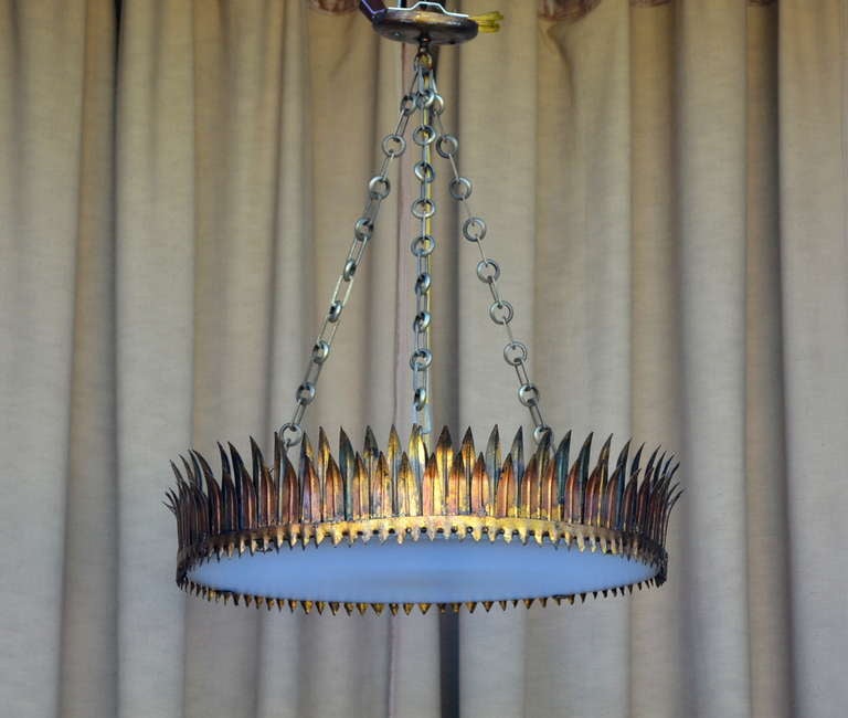 Unique gilt brutalist crown hanging light