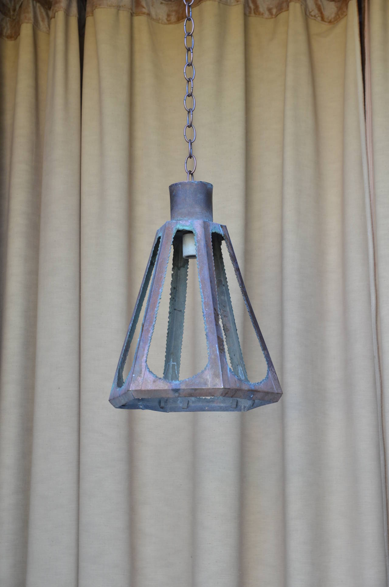 Etched Set of Four Unusual Patinated Copper Brutalist Lanterns