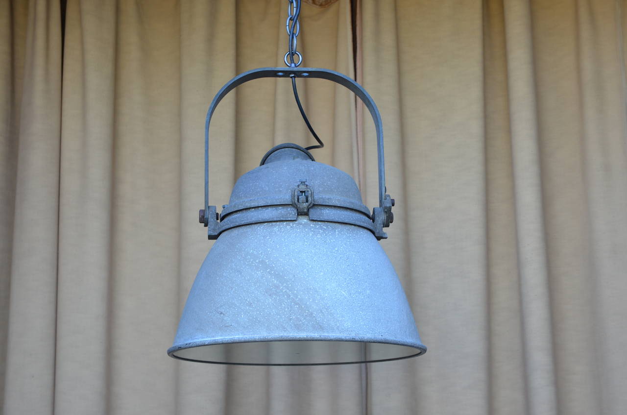 20th Century Pair of Large Cast Iron, Aluminum and Glass Industrial Hanging Lights For Sale