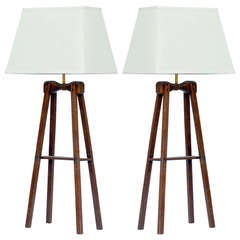 Antique Pair of tall wood lamps with custom shades