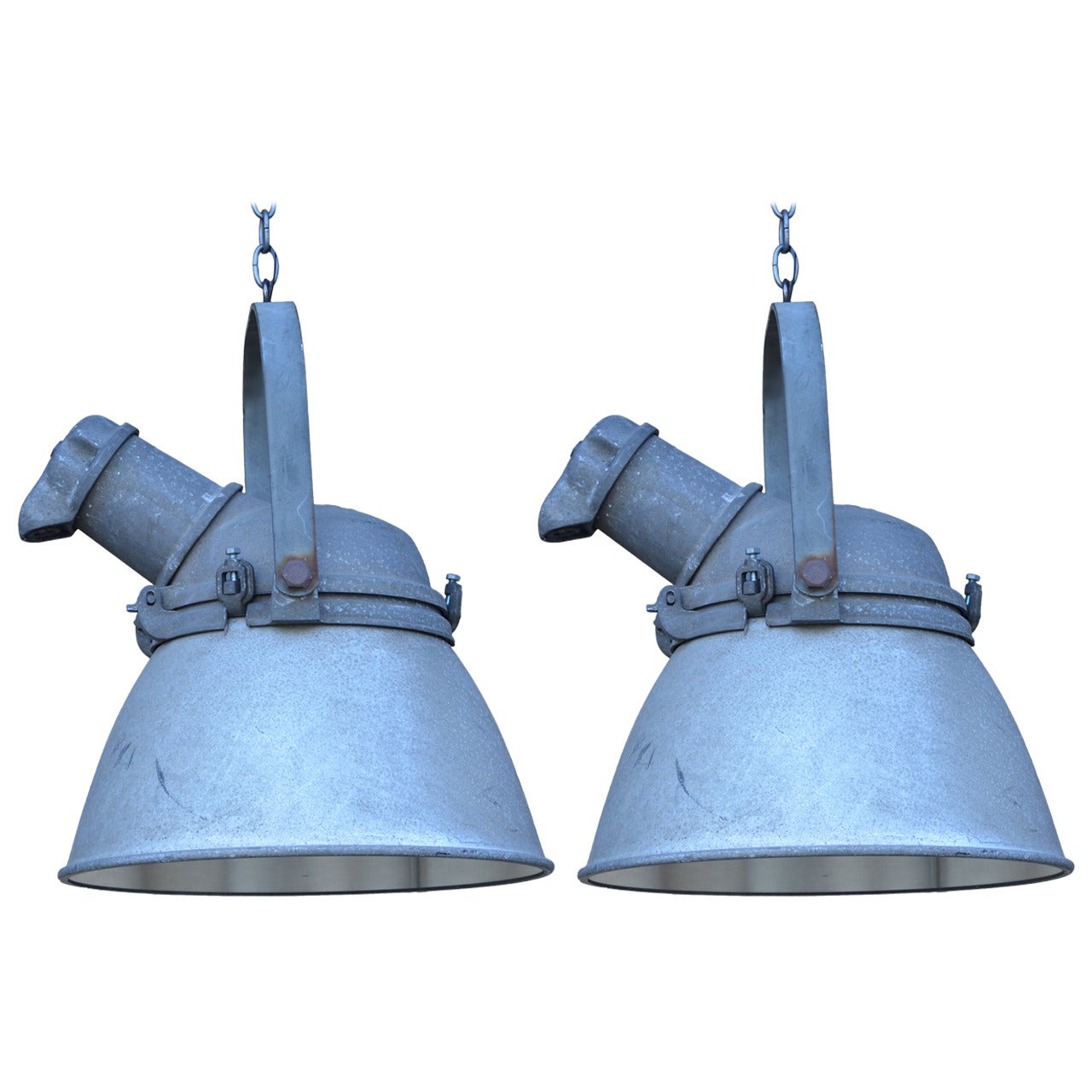 Pair of Large Cast Iron, Aluminum and Glass Industrial Hanging Lights