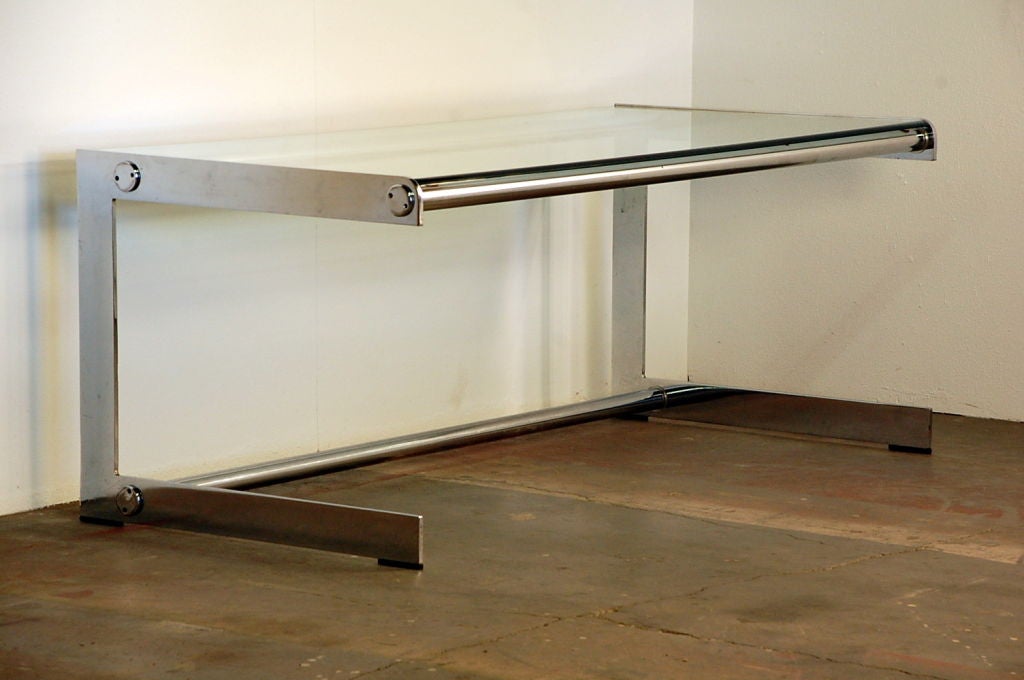 French 70's cantilevered chrome and glass desk