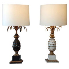 Pair of Tall Black and White Gilt Pineapple Lamps