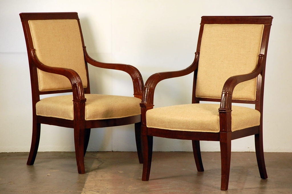 Pair of large French Empire style mahogany armchairs reupholstered in Ralph Lauren silk/linen fabric.
