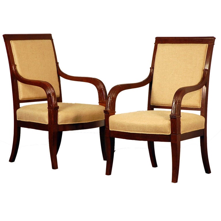 Pair of Chic French Empire Style Mahogany Armchairs For Sale