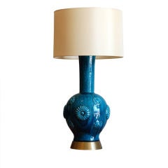 Large Asian Inspired Blue Ceramic Lamp with Custom Shade
