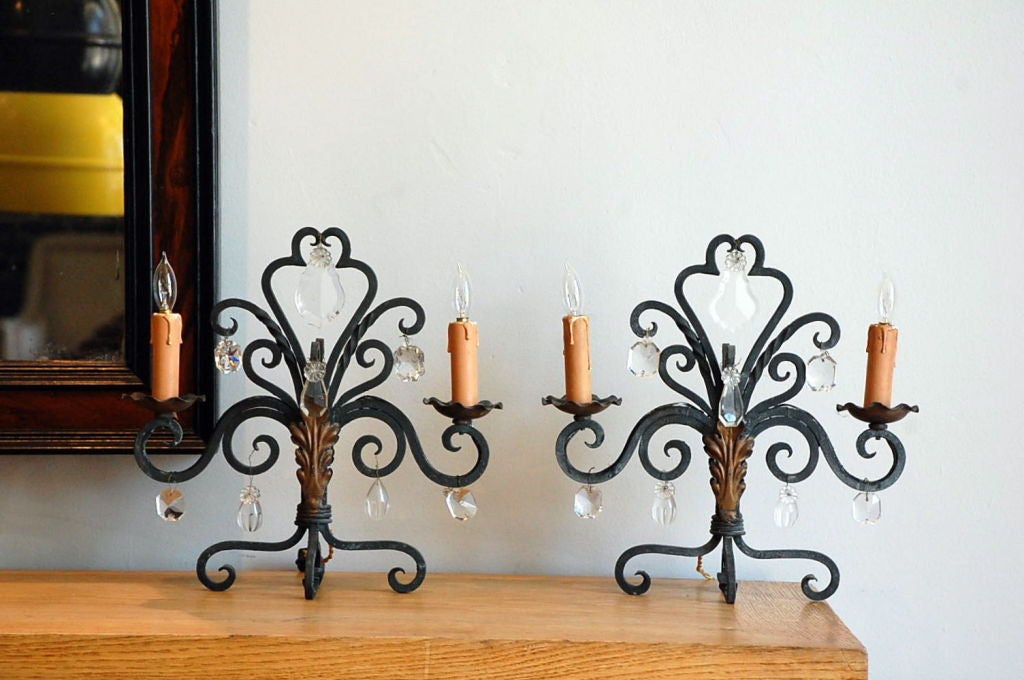 Patinated Pair of Chic French 1940s Candelabra Lights For Sale