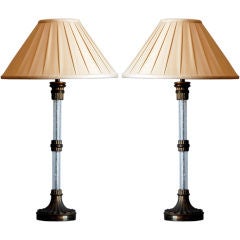 Pair of Chic Bronze and Crystal Lamps with Custom Pleated Shades