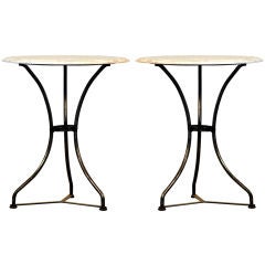 Antique Pair of Classic Polished Steel and Marble French Cafe Tables