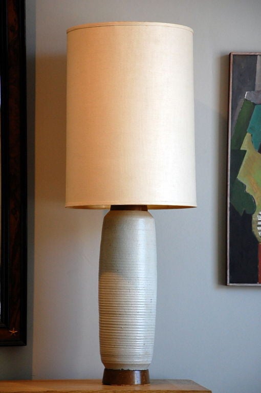 Huge ribbed ceramic lamp with original linen shade