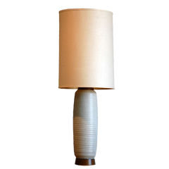 Huge ribbed ceramic lamp with original linen shade