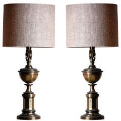 Pair of Tall Patinated Brass Neoclassical Lamps with Custom Linen Shades