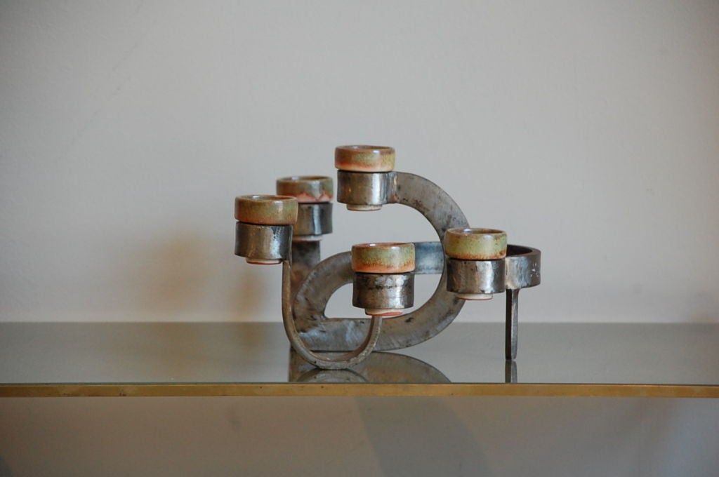 French 60's steel and ceramic candle holder 1