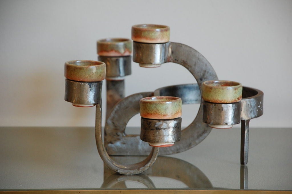 French 60's steel and ceramic candle holder 2