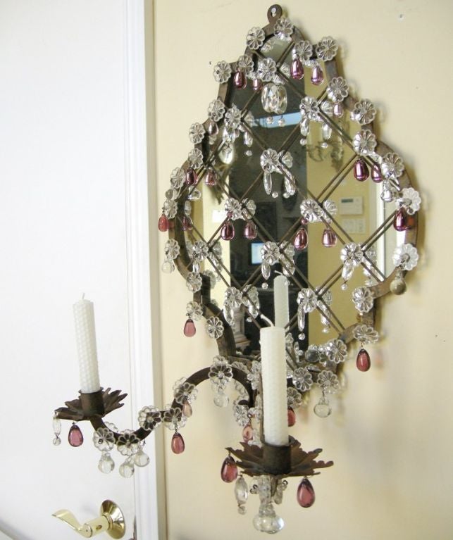 Pair Iron, Crystal & Mirror Candle Sconces (GMD#2352)