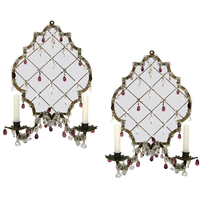 Pair Iron, Crystal 
Mirror Candle Sconces (GMD#2352) For Sale