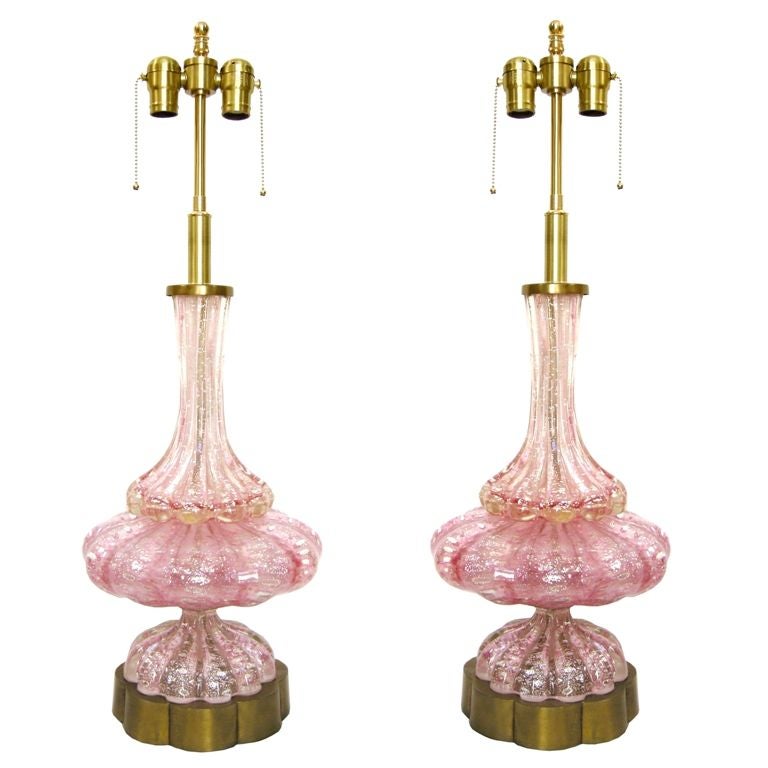 Pair Italian Murano Pink Glass & Brass Lamps.  Note: Shades shown for display only, not included.