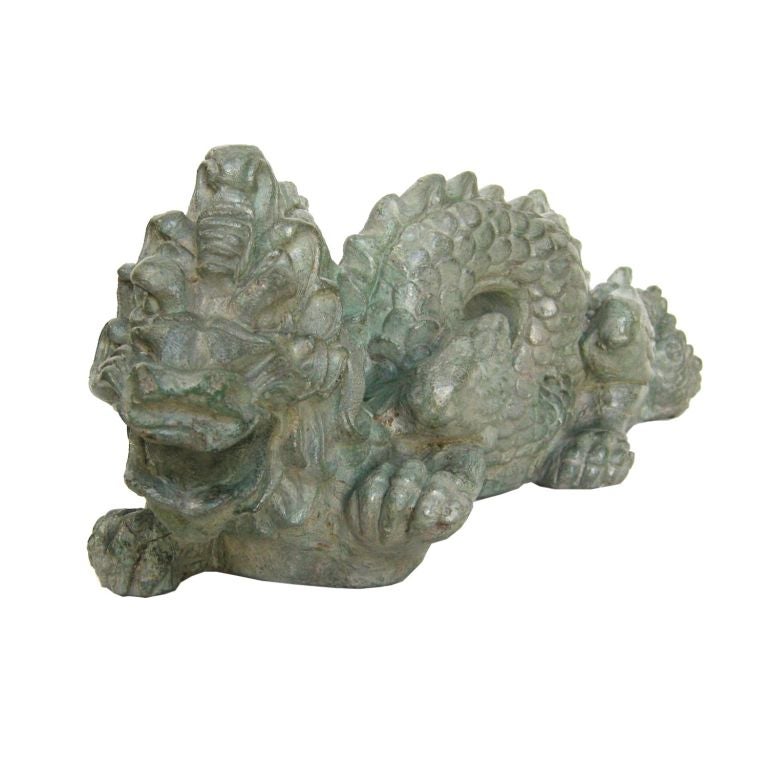 Chinese Cast Stone Dragon Garden Statue with Light Jade/Celadon Glaze.