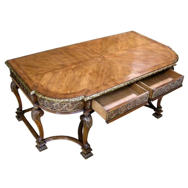 (Showroom Closing/Liquidation, Now on final sale for 3,000.00, reduced from 10,500.00) English George II Style Carved Walnut, Walnut Veneer and Parcel Giltwood 2-Drawer Console or Writing Table with Brass Locks Stamped Hobbs & Co./London (no keys). 