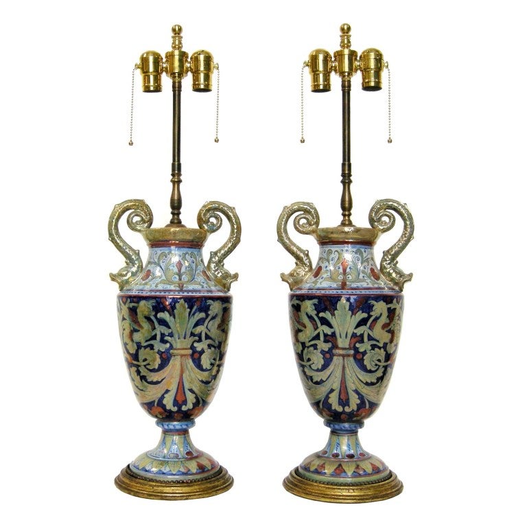 Pair Baroque Style Porcelain Dolphin Handle Lamps (GMD#2902)