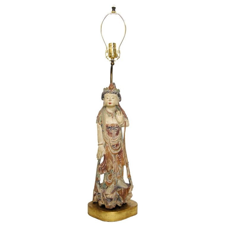 Late 19th Century Chinese Carved & Painted Wood Signed Statue of Quan Yin in Original Condition, Now Mounted as Lamp on Carved Giltwood Base.  Note: Overall size is 8Wx6.5Dx33H(H to top of shade harp); Figure is 6.5Wx4.5Dx19H.  Shade shown for