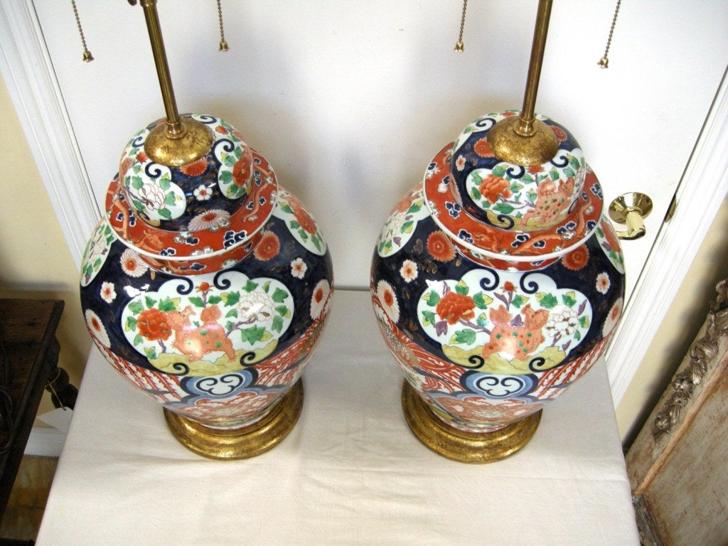 Porcelain Pair Imari Lamps w/Foo Dog Finials (GMD#2947)