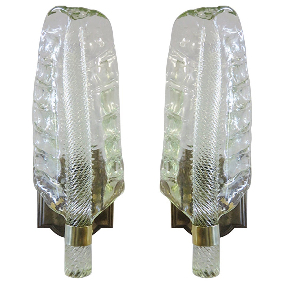 Playful Pair of Barovier and Toso Leaf Sconces