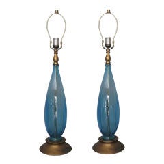 PAIR OF BLUE MURANO GLASS TABLE LAMPS.