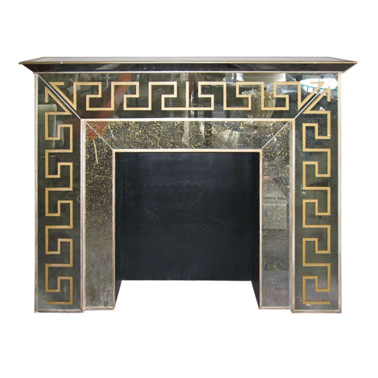 Hollywood Regency Mirrored Greek Key Fireplace Mantle