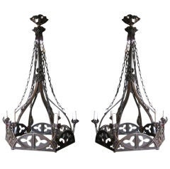 Antique Impressive Pair of  Forged Iron Gothic Chandeliers
