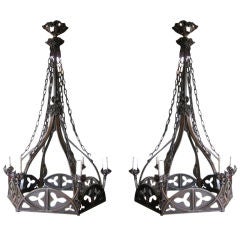 Impressive Pair of  Forged Iron Gothic Chandeliers