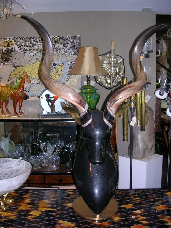 Large Antelope with Real Horns on Bronze Base
